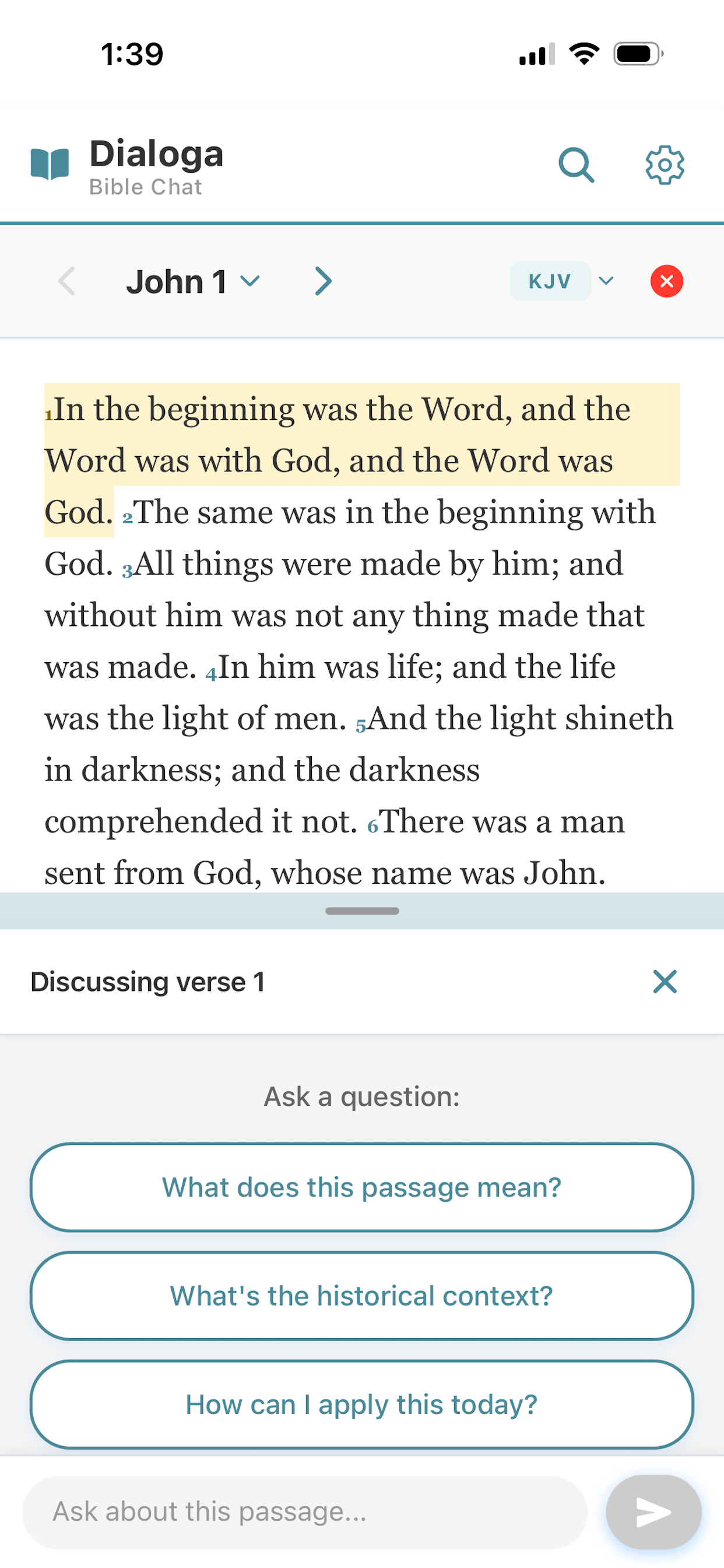 Bible reading view with quick prompts