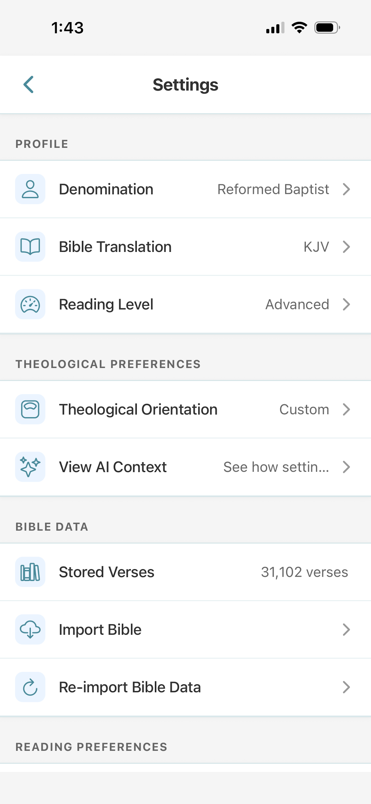 Settings with denomination and theological preferences